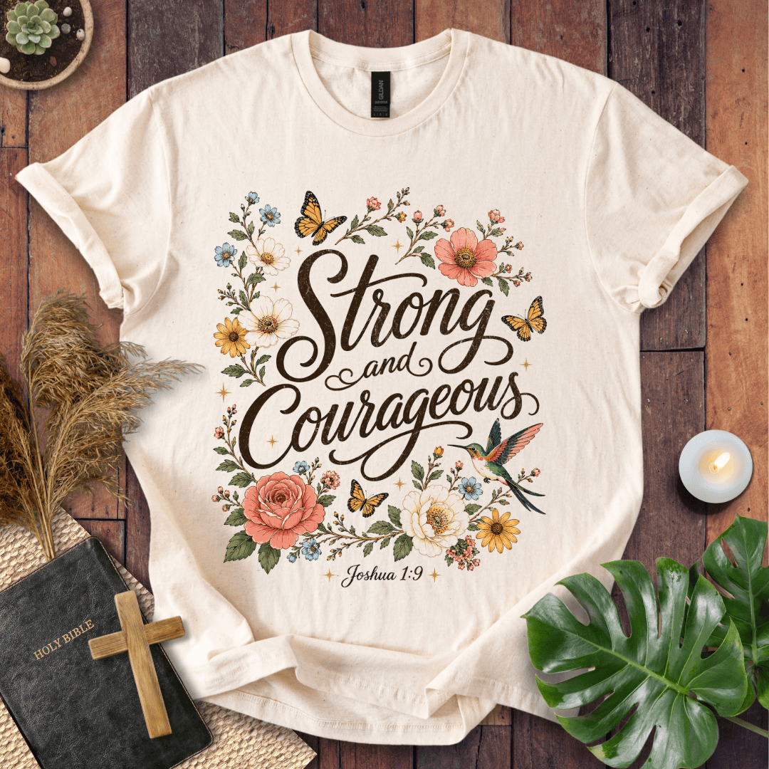 Joshua 1:9 Strong and Courageous vintage wildflower graphic tee with butterflies on