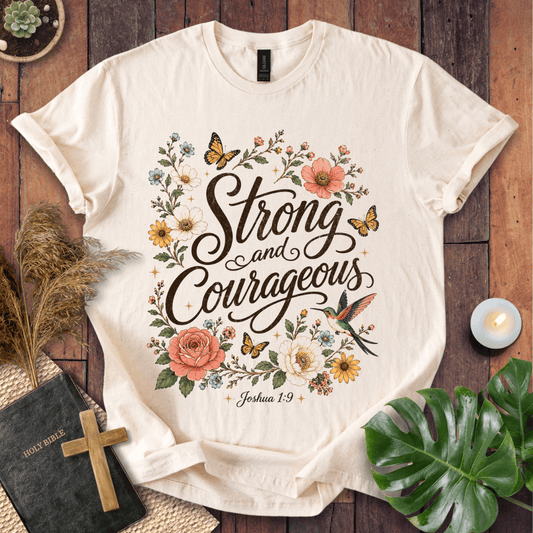 Joshua 1:9 Strong and Courageous vintage wildflower graphic tee with butterflies on