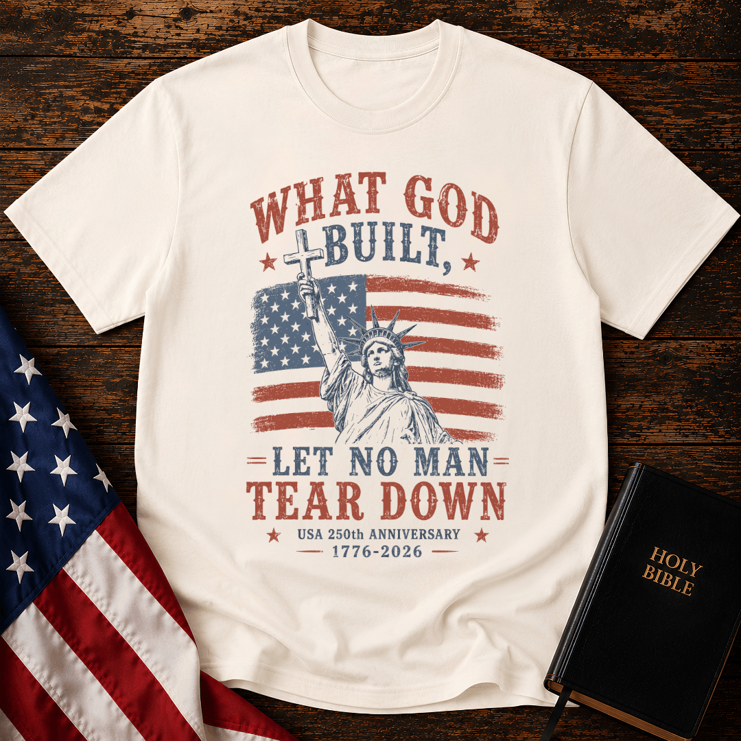 Patriotic Christian t shirt featuring the Statue of Liberty holding a cross over an American flag for the USA 250th anniversary.
