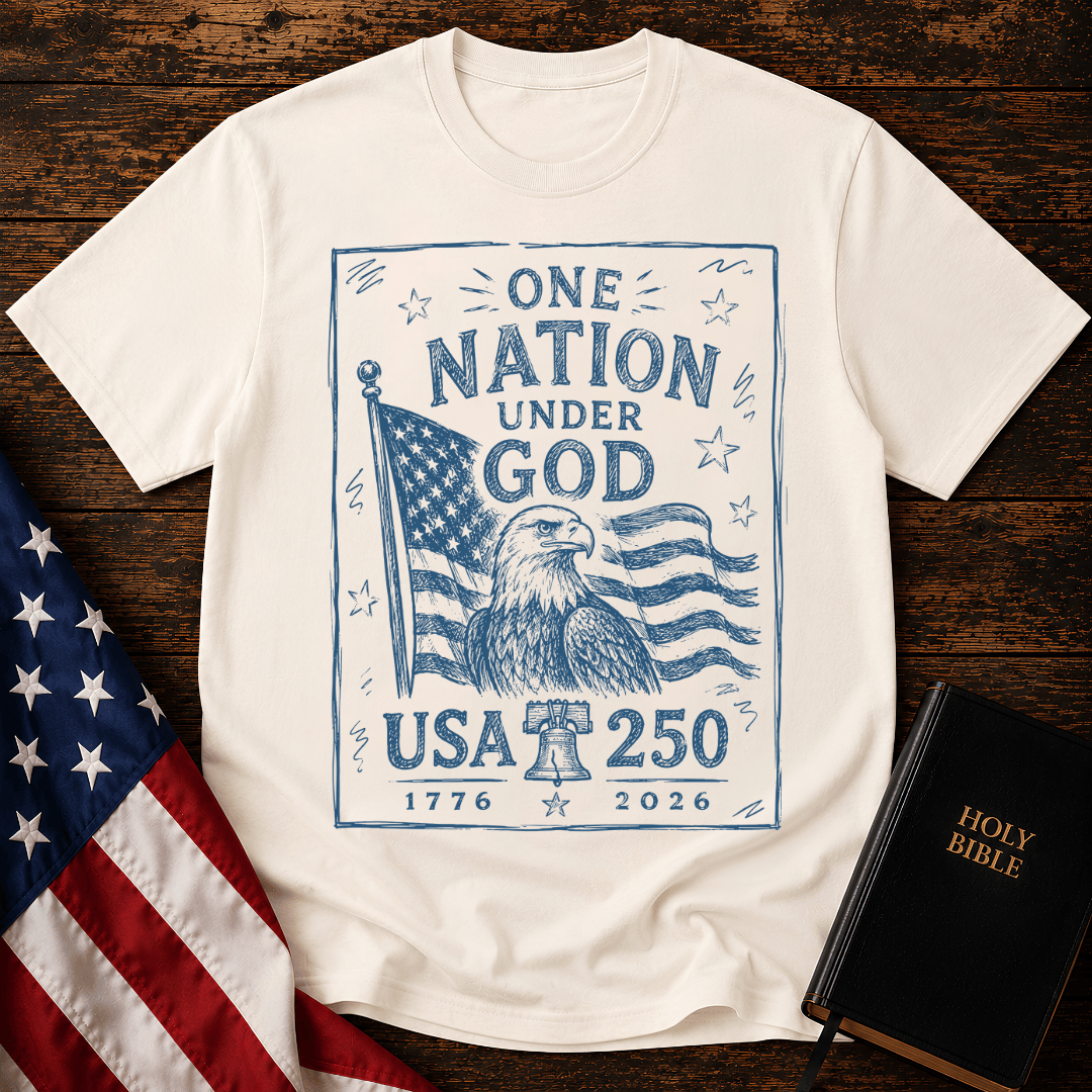 USA 250 Christian t shirt featuring a blue sketch design of a bald eagle, American flag, and Liberty Bell.