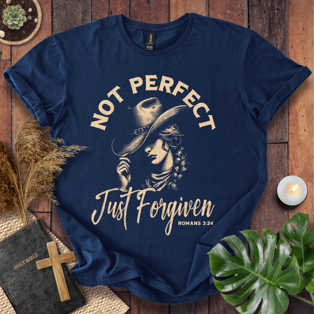 Not Perfect Just Forgiven Christian t-shirt for women with cowgirl design