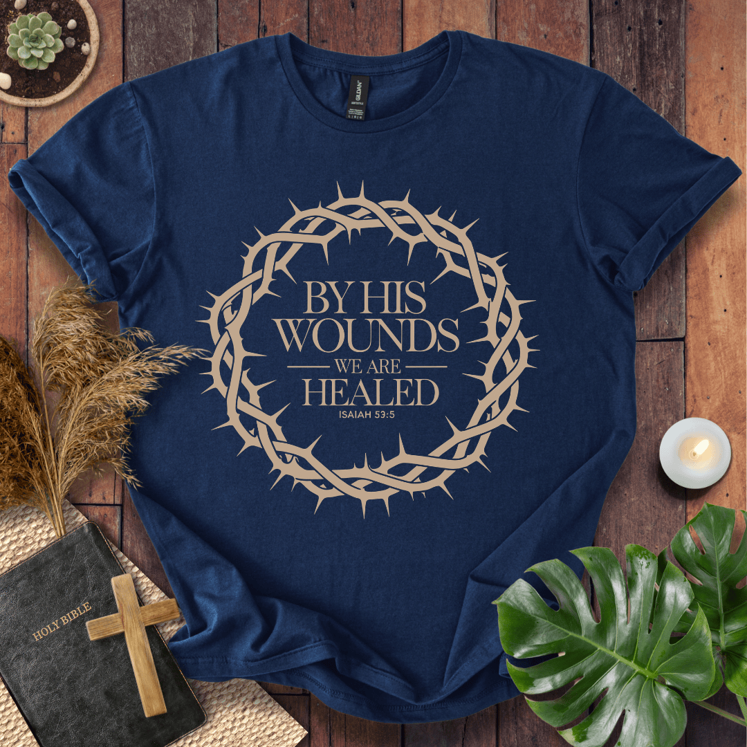 Christian t shirt with crown of thorns design and Isaiah 53:5 scripture verse for Easter resurrection.