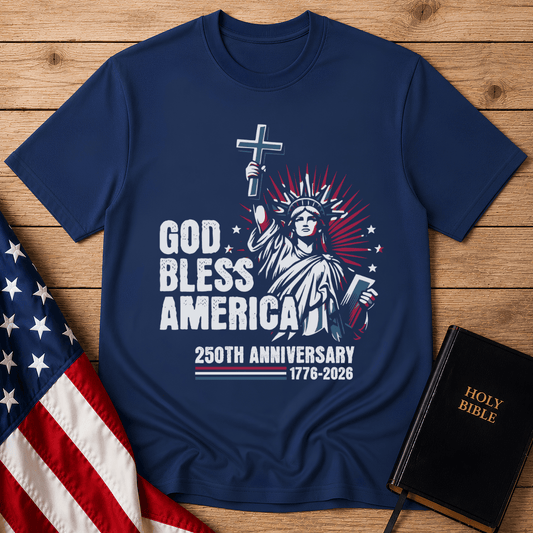 Patriotic Christian t shirts featuring the Statue of Liberty holding a cross for America's 250th anniversary.