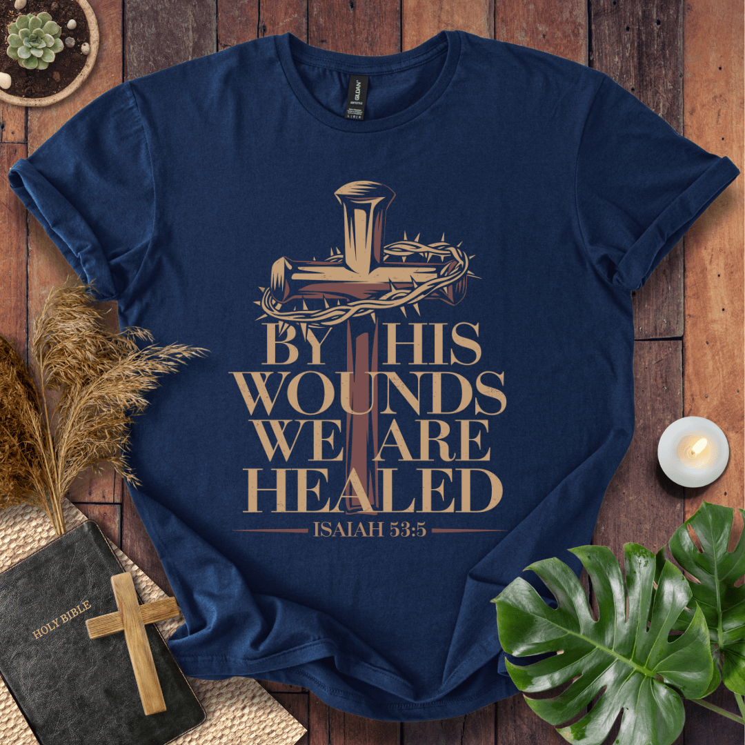 Christian Easter t-shirt with a rustic cross and crown of thorns graphic featuring the Bible verse Isaiah 53:5.