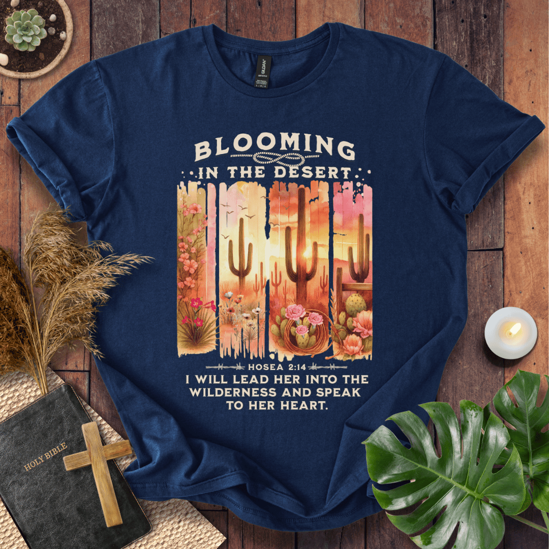 Christian t-shirt with desert sunset, cacti, and Hosea 2:14 scripture "I will lead her into the wilderness."