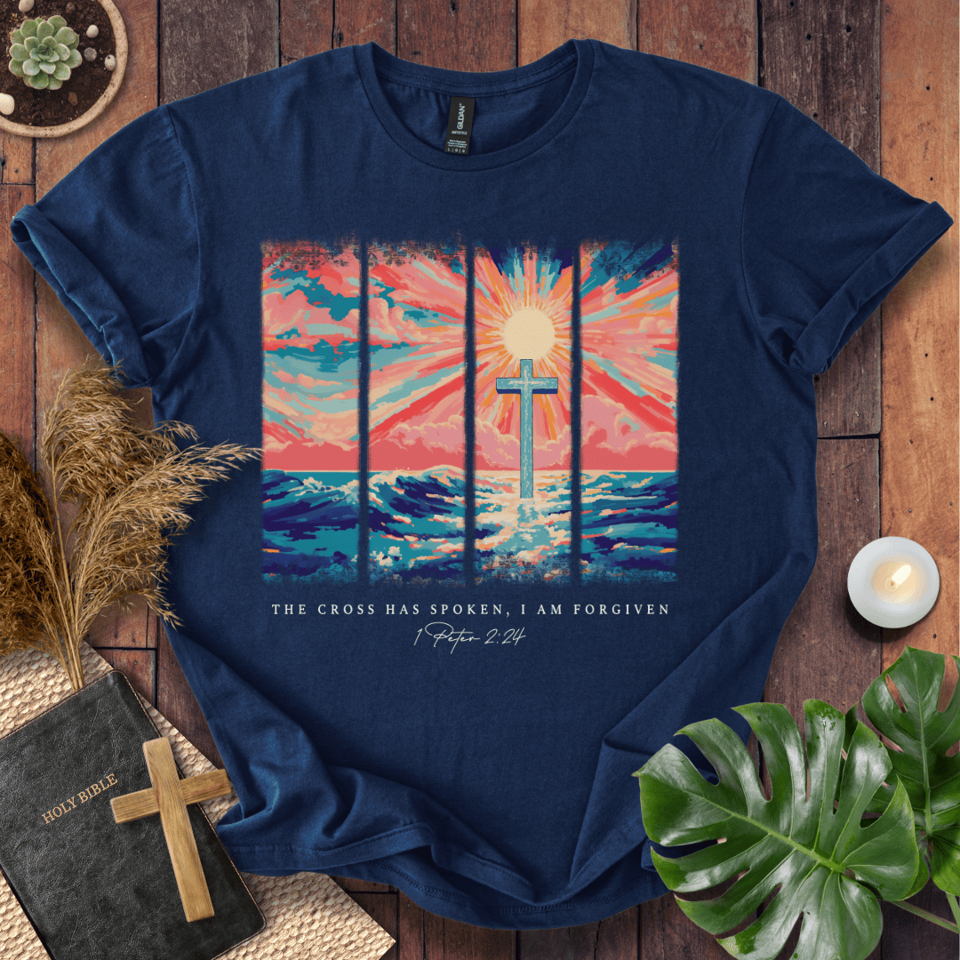 Christian t shirt for women featuring a colorful sunrise cross design and 1 Peter 2:24 scripture for Easter.