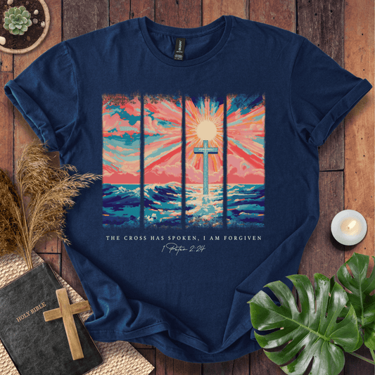 Christian t shirt for women featuring a colorful sunrise cross design and 1 Peter 2:24 scripture for Easter.