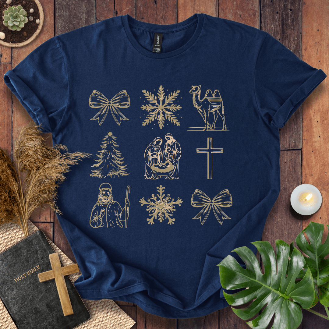 Inspirational Christian t-shirt celebrating Jesus’ birth – gold outline nativity design
