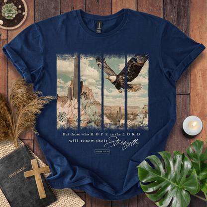 Isaiah 40:31 Christian t-shirt in forest green—flying eagle over desert cactus panels; renew their strength.
