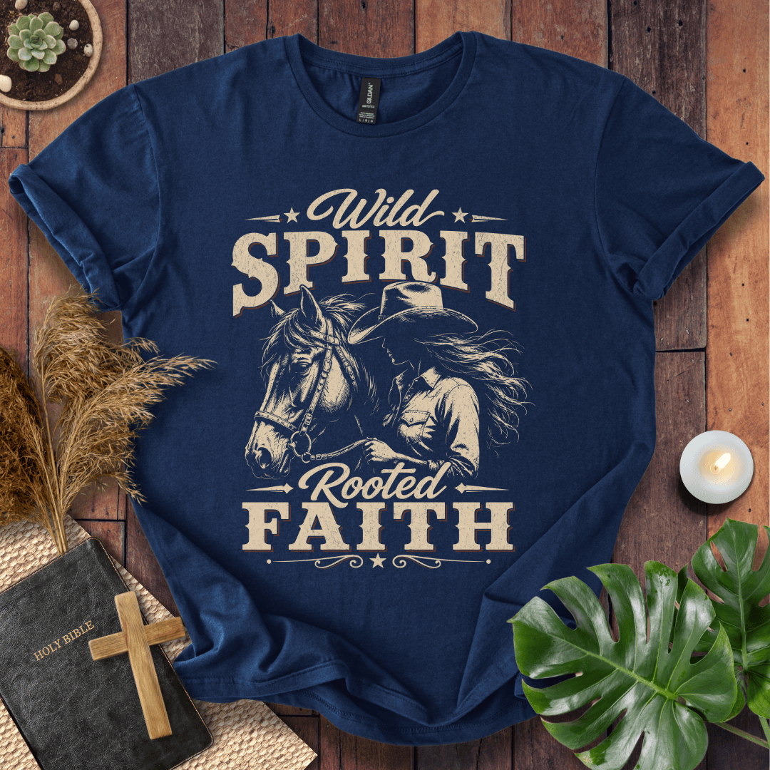 women's Christian tee shirt featuring a western cowgirl and horse with the text Wild Spirit Rooted Faith.