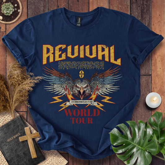 Revival World Tour Christian t-shirt—eagle wings graphic with 2 Chronicles 7:14 verse.