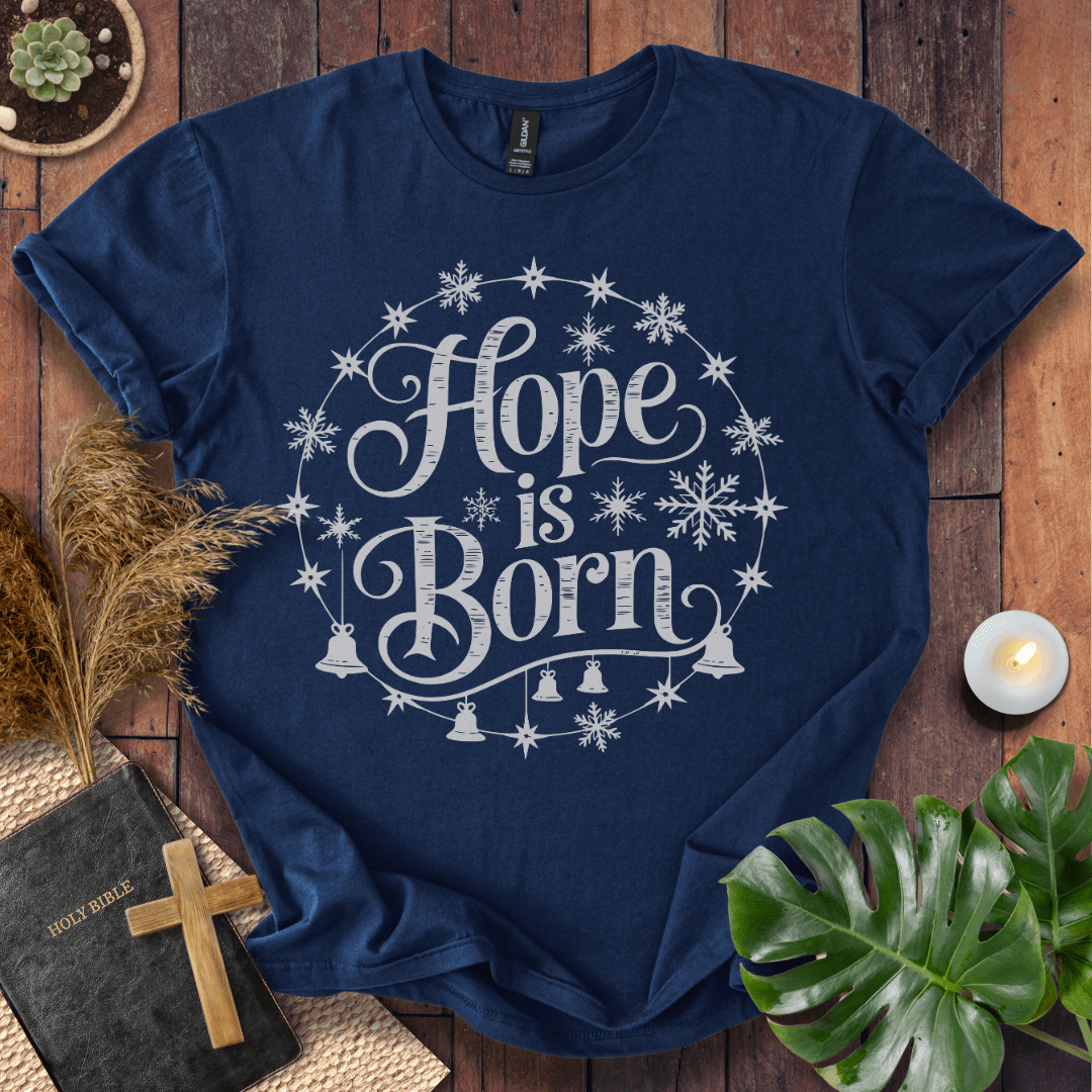 Hope Is Born Christian Christmas t-shirt with festive snowflake design
