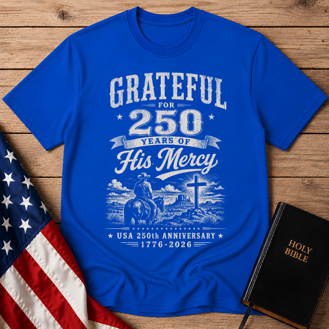 Christian t shirts featuring a cowboy on a horse looking at a cross for the USA 250th anniversary.
