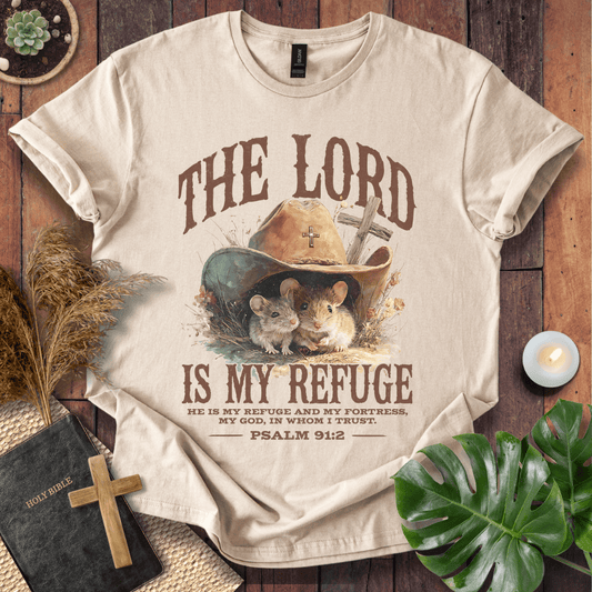 Two mice under a cowboy hat with a cross on a cream t-shirt. Psalm 91:2 text. Rustic Western christian shirts for women.