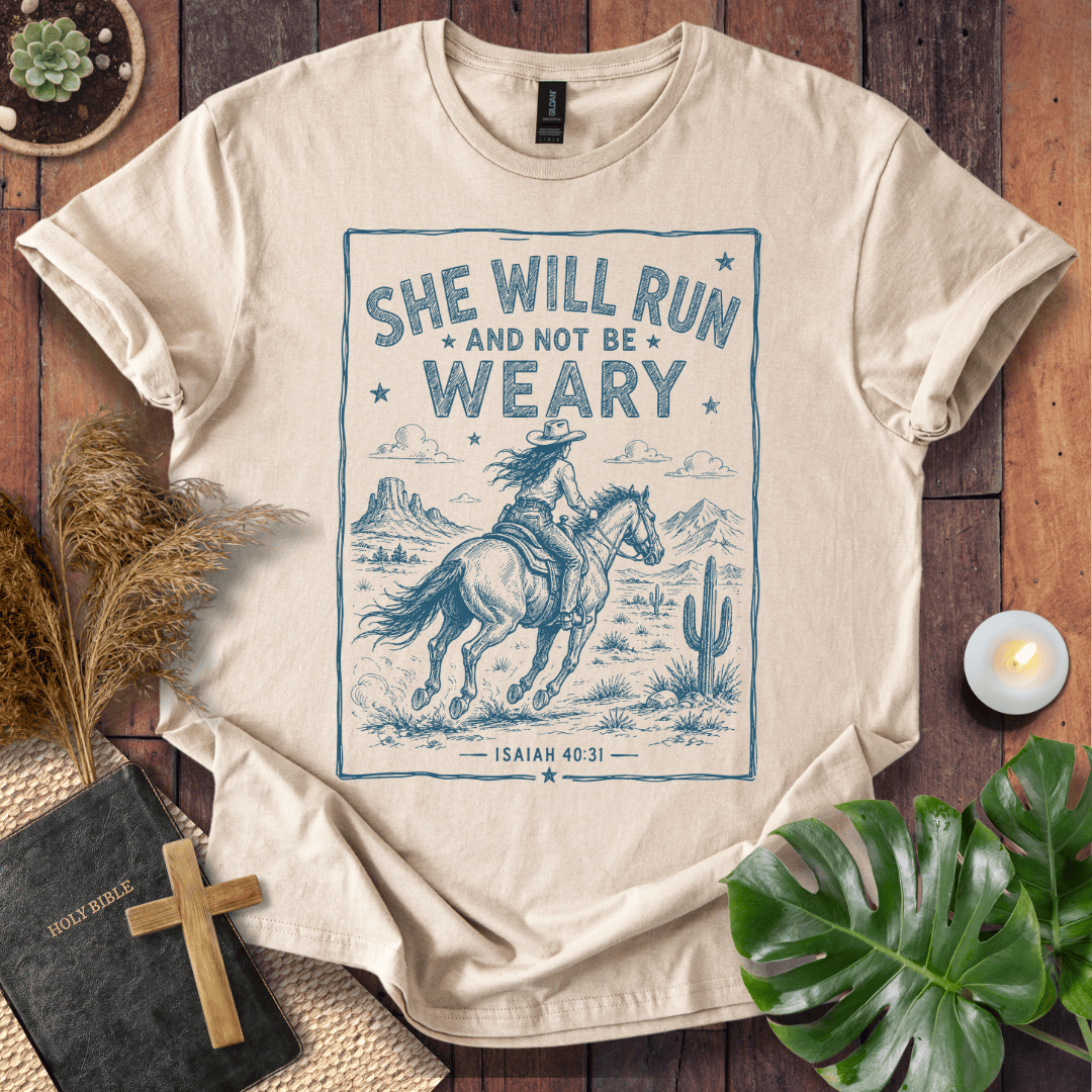 graphic tee with a blue sketch of a cowgirl riding a horse in the desert under Isaiah forty thirty-one text.