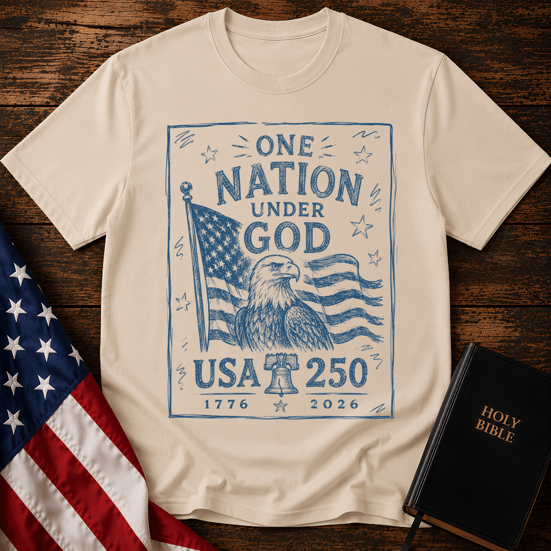 USA 250 Christian t shirt featuring a blue sketch design of a bald eagle, American flag, and Liberty Bell.