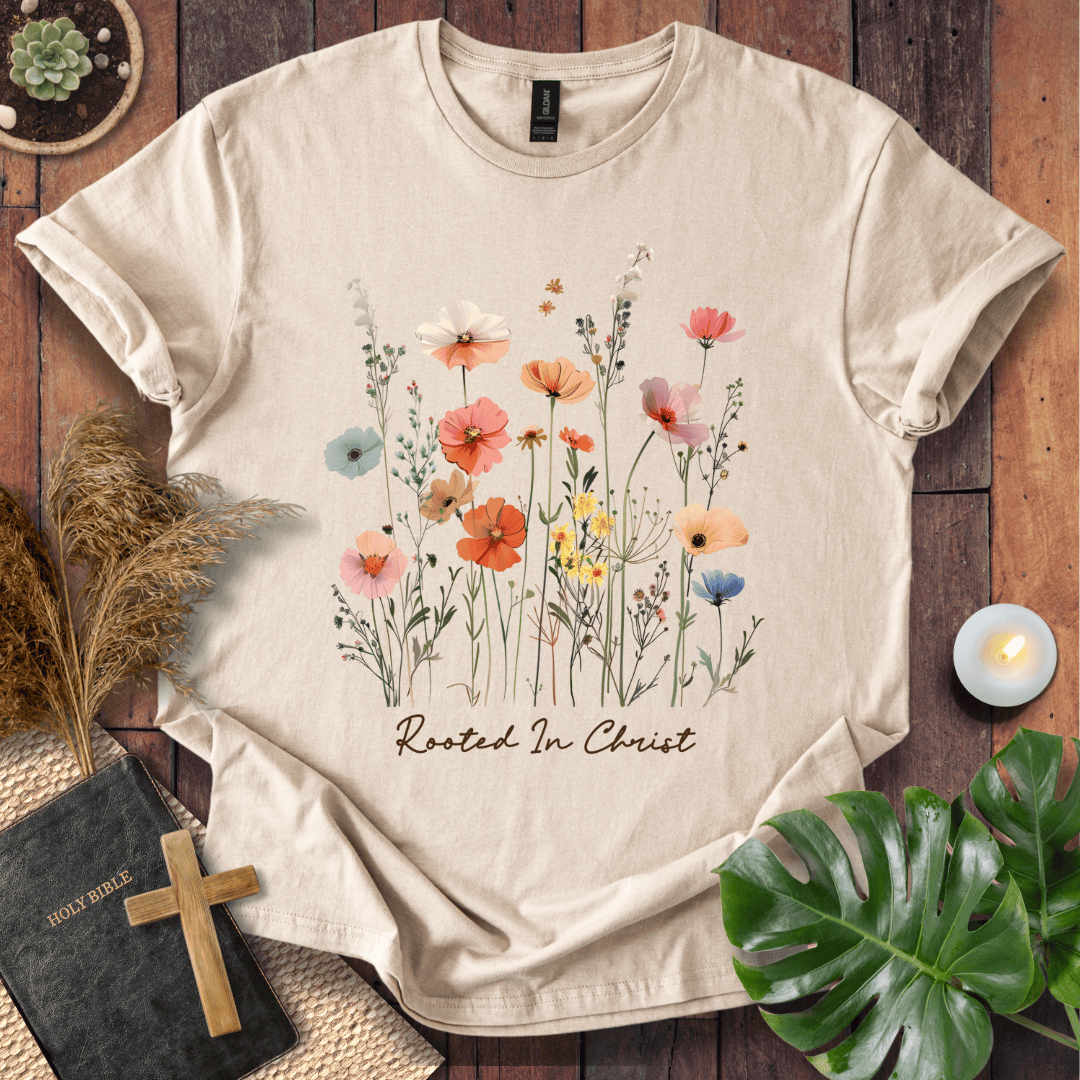 A beige short-sleeve T-shirt laid flat on a rustic wooden surface, featuring a watercolor-style floral print in pink, orange, yellow, blue, and green with the words 'Rooted In Christ' below. Surrounding props include a Bible with a wooden cross, dried grass, a small candle, and green leaves.