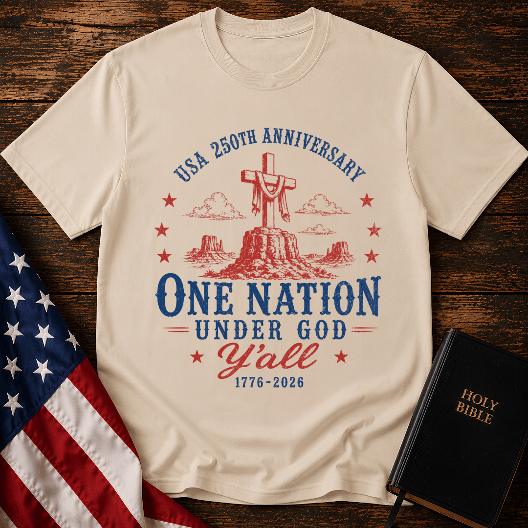 Patriotic western graphic tee featuring a wooden cross on a desert mesa with text One Nation Under God Y'all 1776-2026.