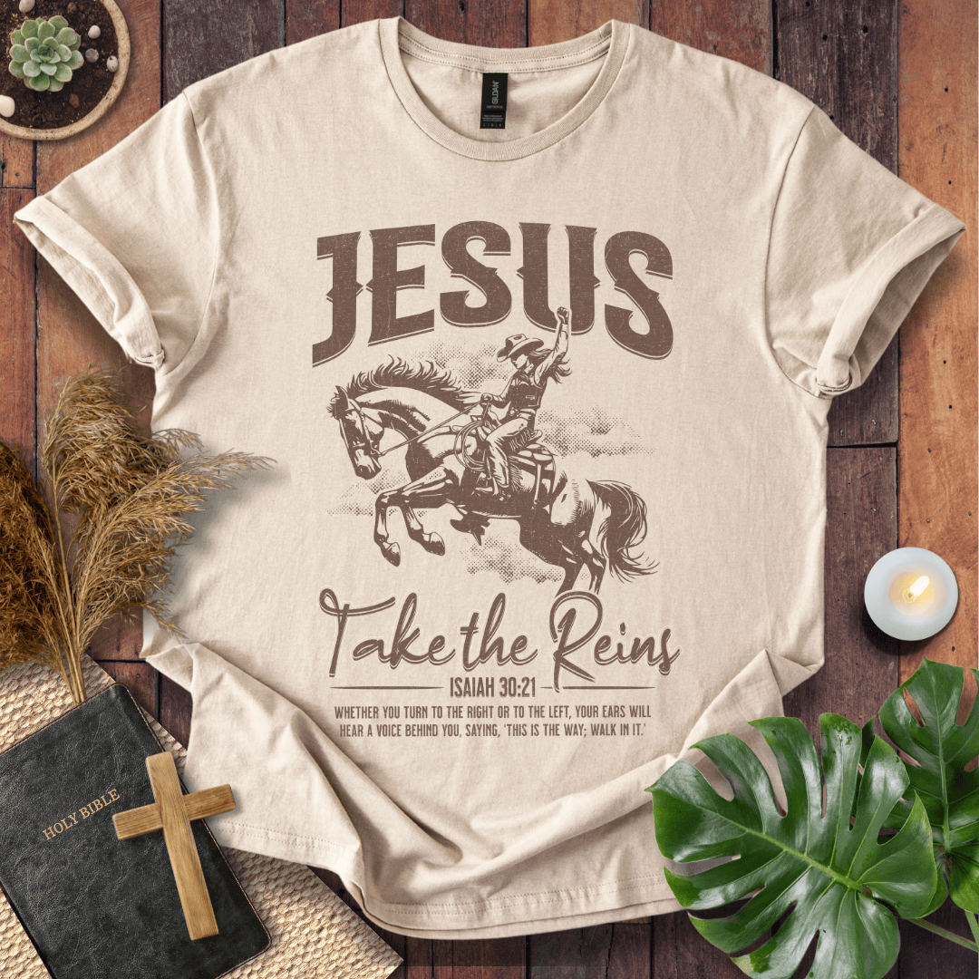 Vintage cowgirl on a horse graphic tee with Isaiah 30:21 bible verse on a shirt for western Christian style.