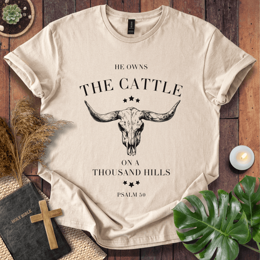 Minimalist cow skull graphic tee with Psalm 50 bible verse on shirt for women with western ranch style.