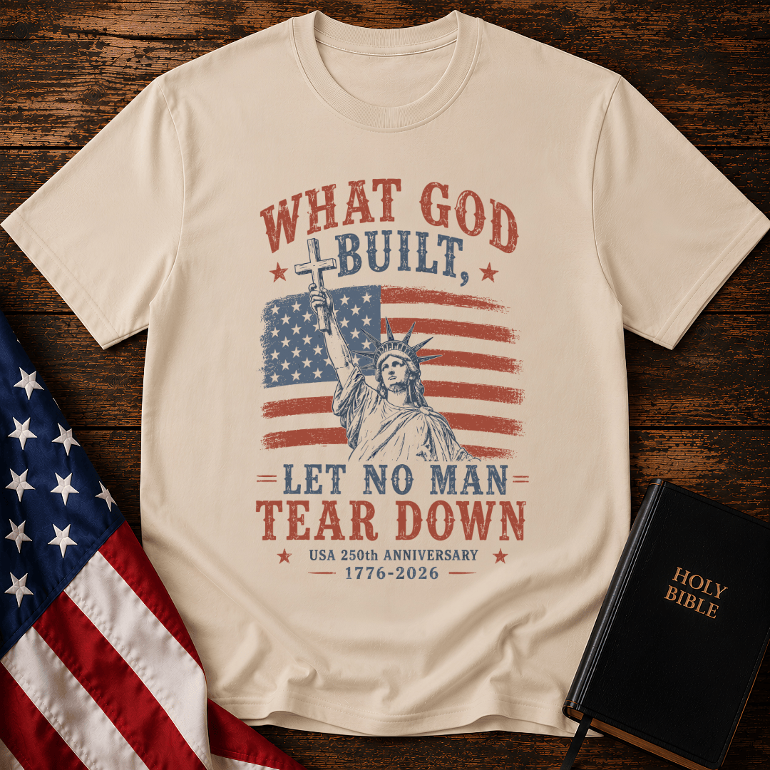 Patriotic Christian t shirt featuring the Statue of Liberty holding a cross over an American flag for the USA 250th anniversary.