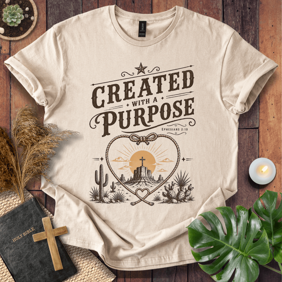 Christian Western t-shirt displaying "Created with a Purpose Ephesians 2:10" with a cross on a desert mesa inside a rope heart.