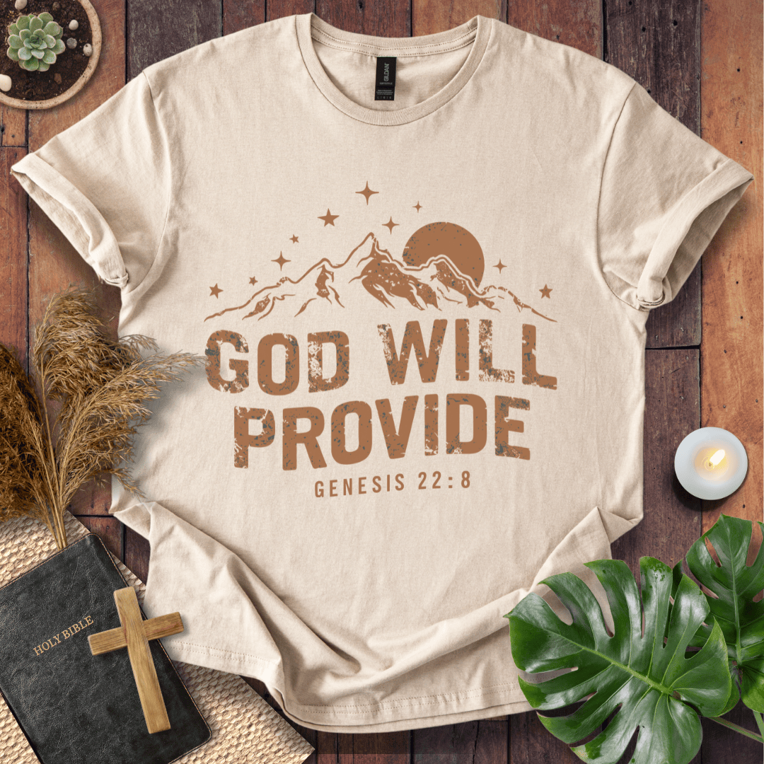God Will Provide Genesis 22:8 bible verse shirts with mountains and stars on a western graphic tee.