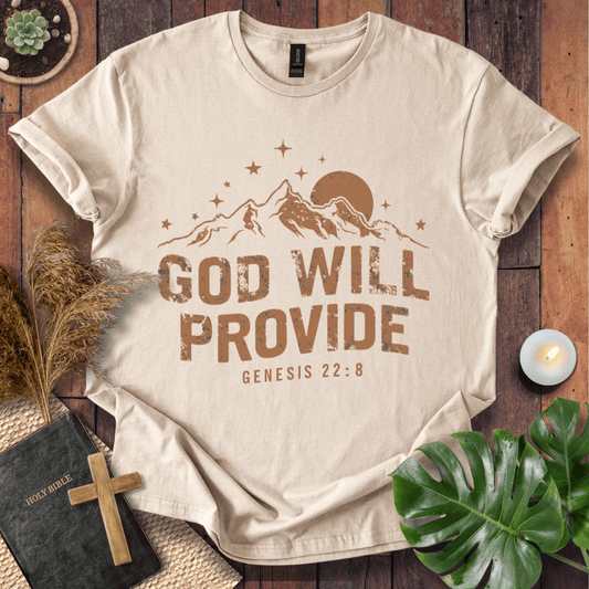 God Will Provide Genesis 22:8 bible verse shirts with mountains and stars on a western graphic tee.