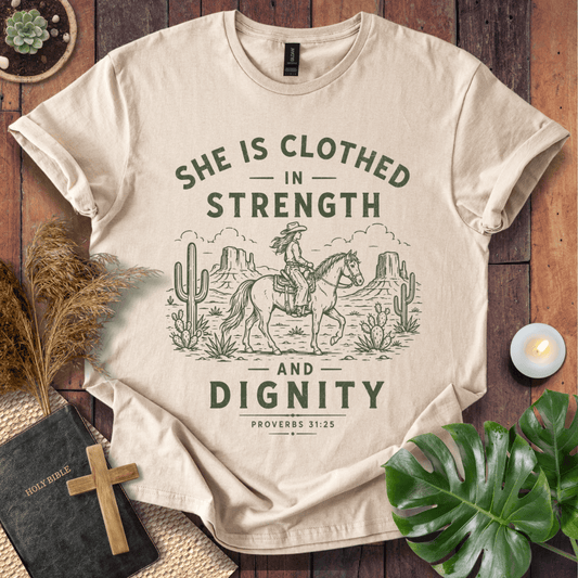 Proverbs 31 bible verse tees featuring a vintage sage green design of a cowgirl riding a horse in a desert landscape.