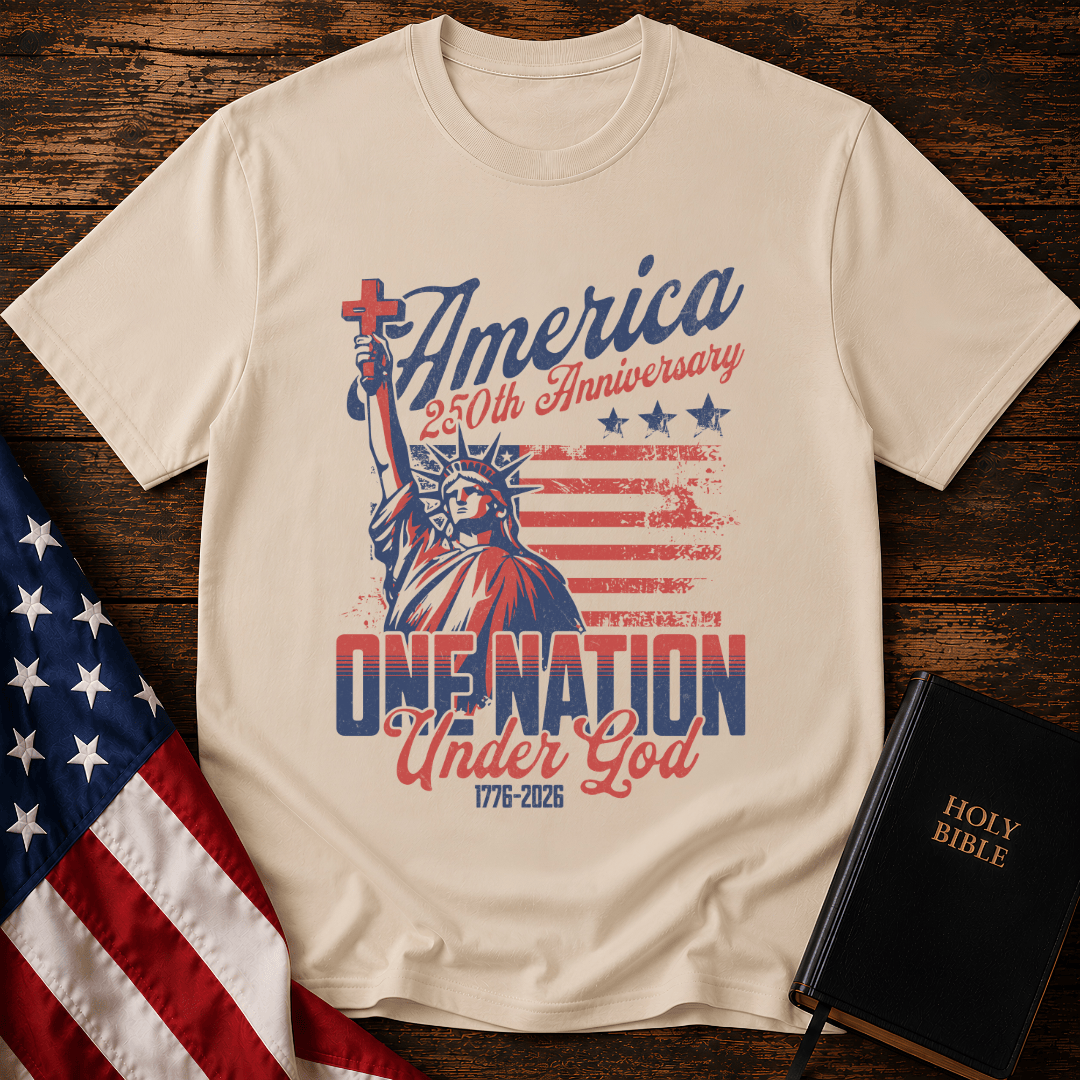 Patriotic Christian t shirts featuring the Statue of Liberty holding a cross with the American flag.