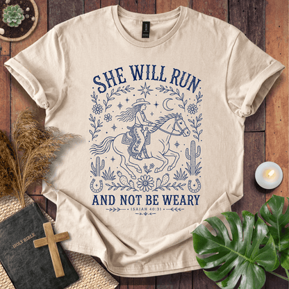 Isaiah 40:31 She Will Run scripture quote on a shirt featuring a navy line art cowgirl riding a horse.