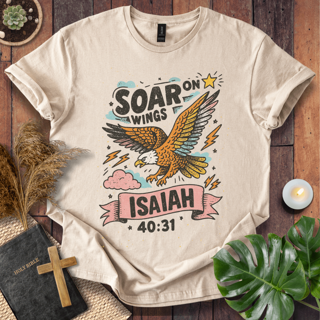 “Soar on Wings” Isaiah 40:31 Christian t-shirt with flying eagle, stars, and lightning—uplifting scripture design.