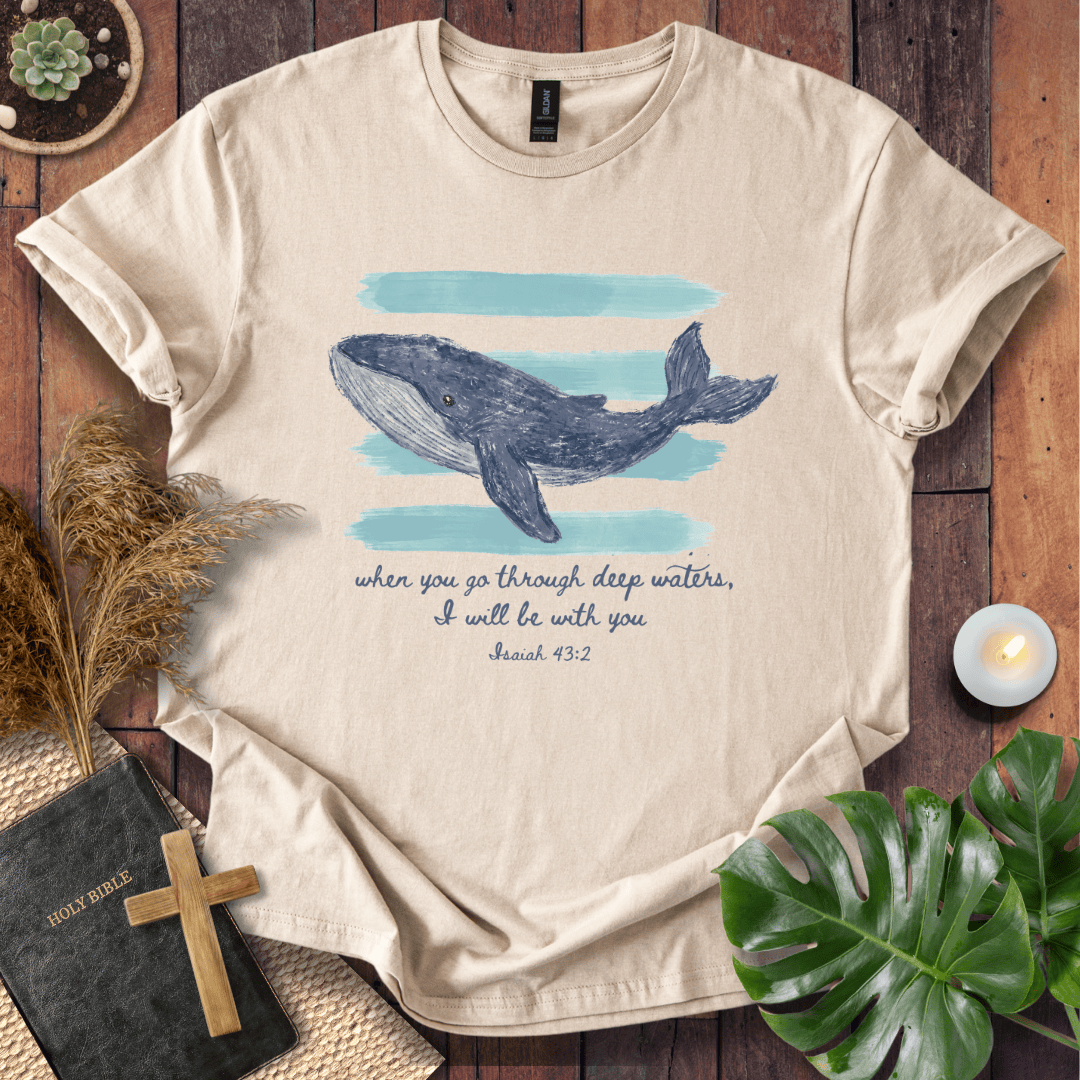 A beige graphic t-shirt featuring a watercolor illustration of a blue-gray whale on light blue horizontal stripes, with the bible verse 'when you go through deep waters, I will be with you Isaiah 43:2' printed below. The t-shirt is styled in a flat-lay arrangement on a dark wood background with a bible, a wooden cross, dried grass, a small plant, a candle, and a green monstera leaf.