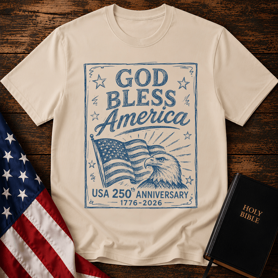 God Bless America USA 250th Anniversary t-shirt with a blue sketch of a bald eagle and American flag next to a Bible.