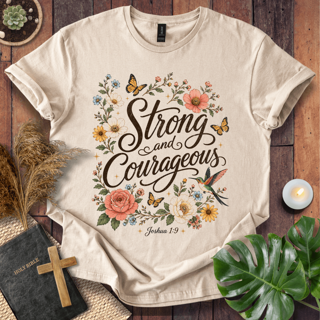 Joshua 1:9 Strong and Courageous vintage wildflower graphic tee with butterflies on