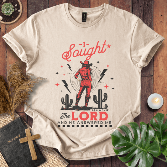 Cowgirl in red standing in a desert with cacti and lightning, text reads I Sought The Lord And He Answered Me Psalm 34:4.
