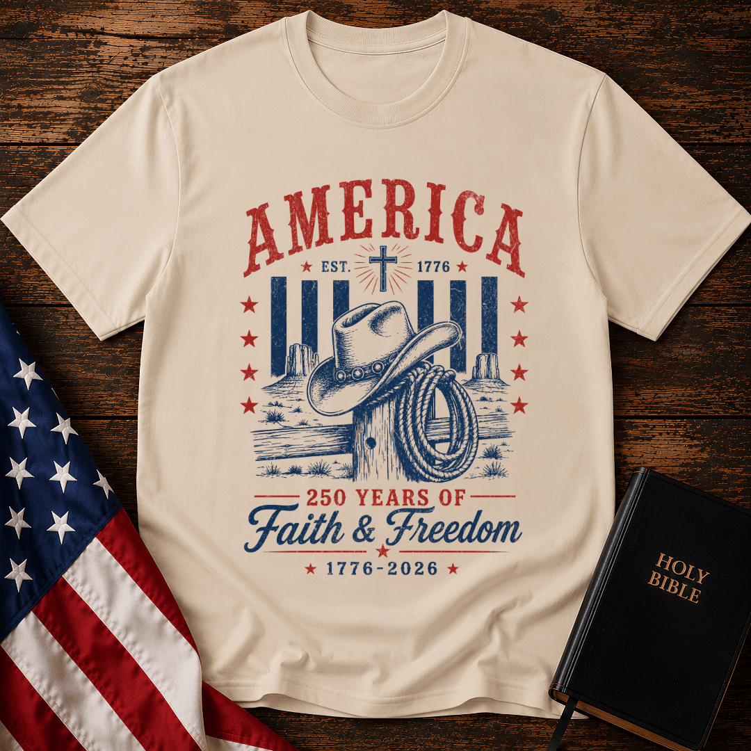 Patriotic Western graphic tee named featuring a cowboy hat, lasso, cross, and "250 Years of Faith & Freedom".