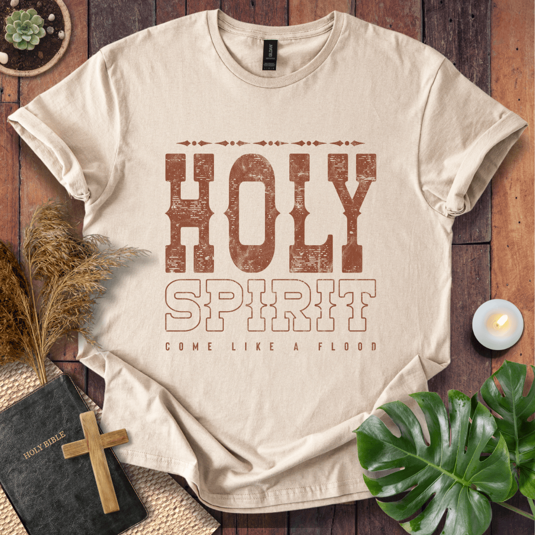 Christian t-shirt with "Holy Spirit Come Like A Flood" in distressed brown western font on a rustic wood background.