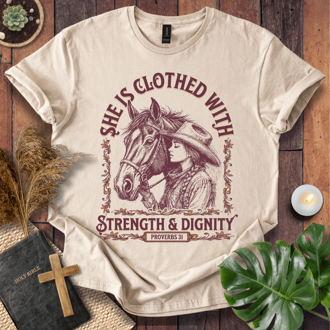 Cowgirl Christian shirt with Scripture design – Strength and Dignity tee
