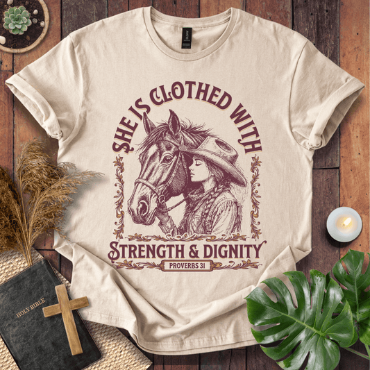 Cowgirl Christian shirt with Scripture design – Strength and Dignity tee