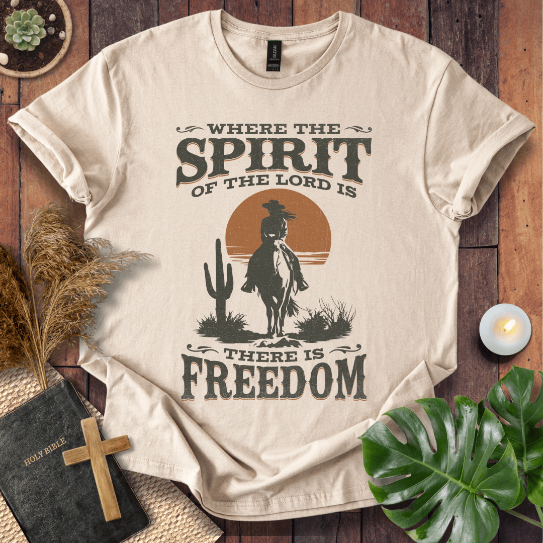 A Western tee featuring a horse rider, cactus, and sunset with the bible verse 2 Corinthians 3:17.