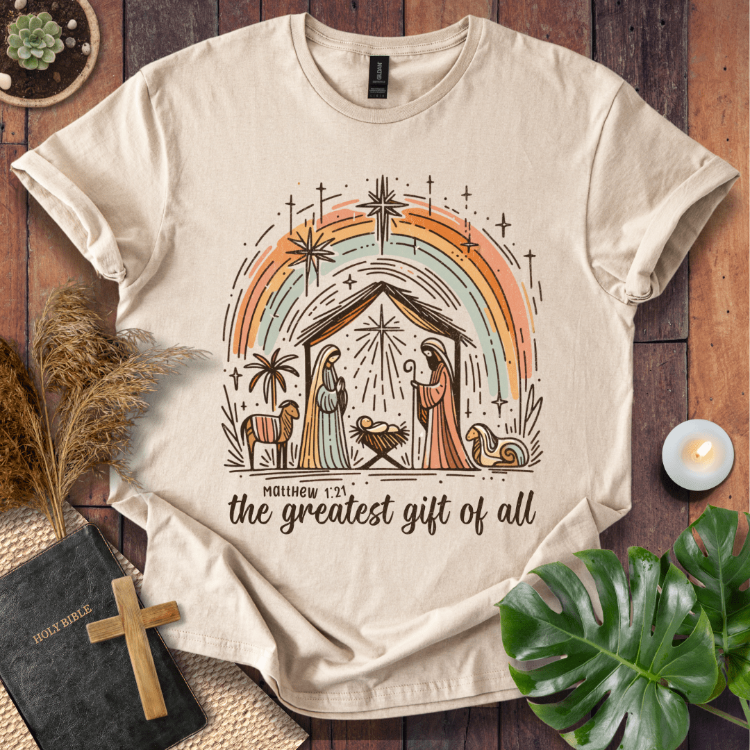 Faith Christmas shirt featuring hand-drawn manger scene – religious holiday tee