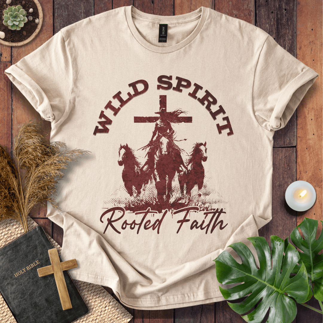 Cowgirl riding a horse in front of a cross with horses running, "Wild Spirit Rooted Faith" text on a tshirt.