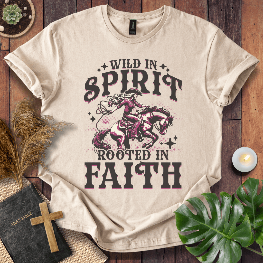 Wild in Spirit Rooted in Faith Christian t-shirt for women with cowgirl design