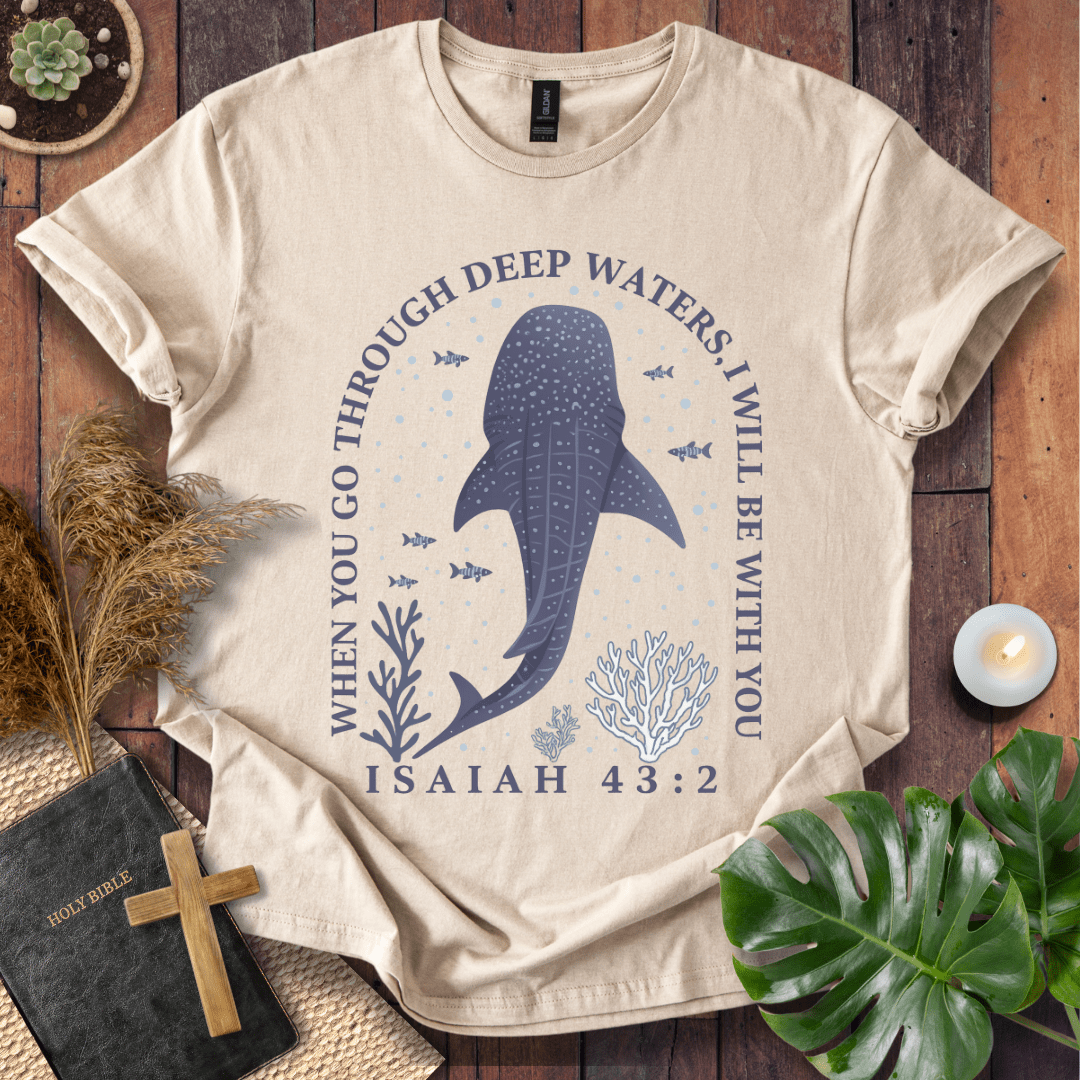 Isaiah 43:2 Christian t-shirt with whale shark, fish, and coral; “When you go through deep waters, I will be with you” Bible verse tee.