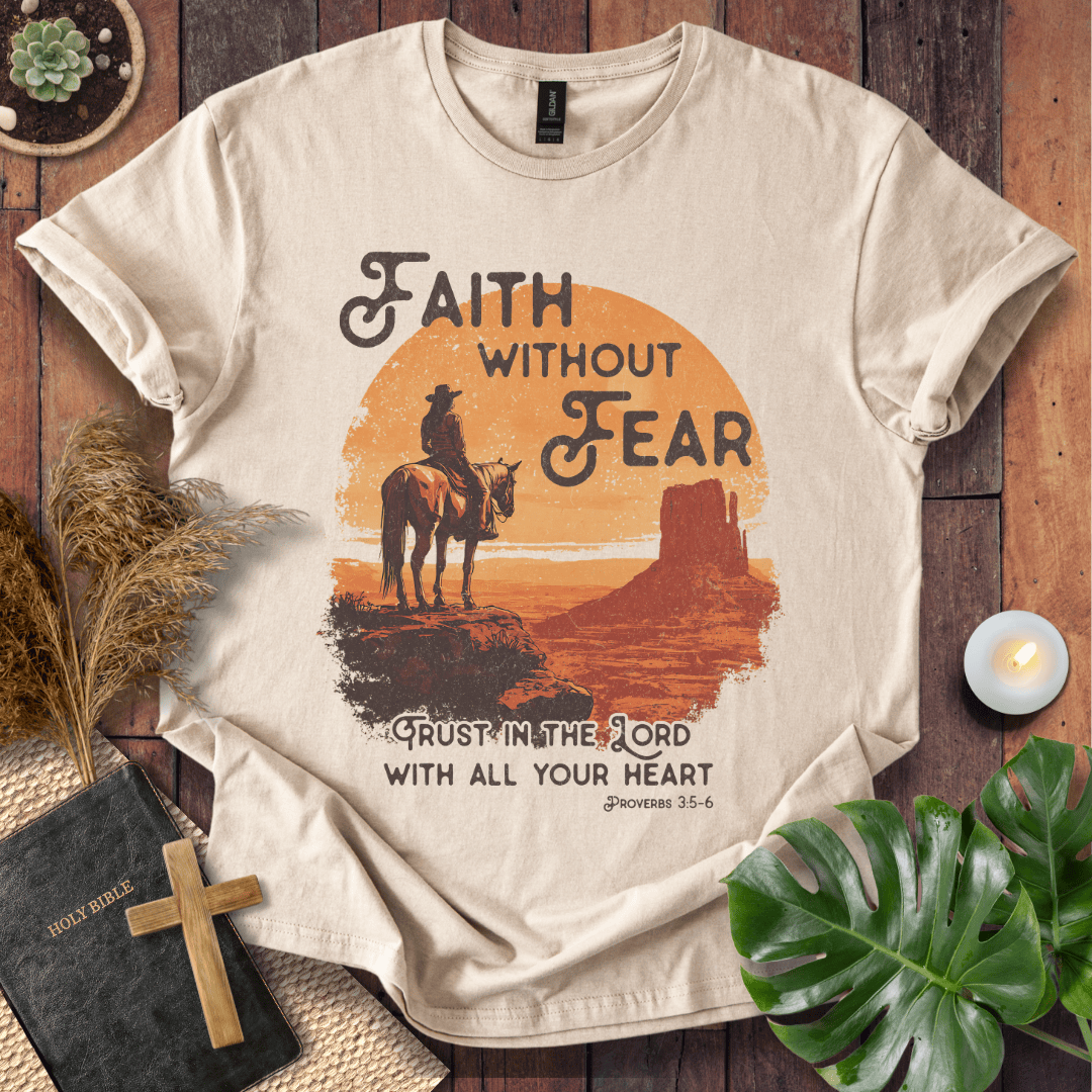 Cowboy on horse in desert sunset with Faith Without Fear text and Proverbs 3:5-6 on a graphic t-shirt.
