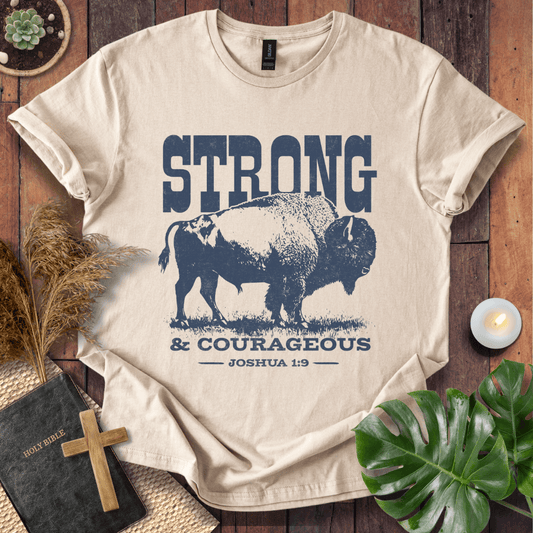 Christian t shirts featuring a vintage bison graphic and the Joshua 1:9 scripture "Strong and Courageous."