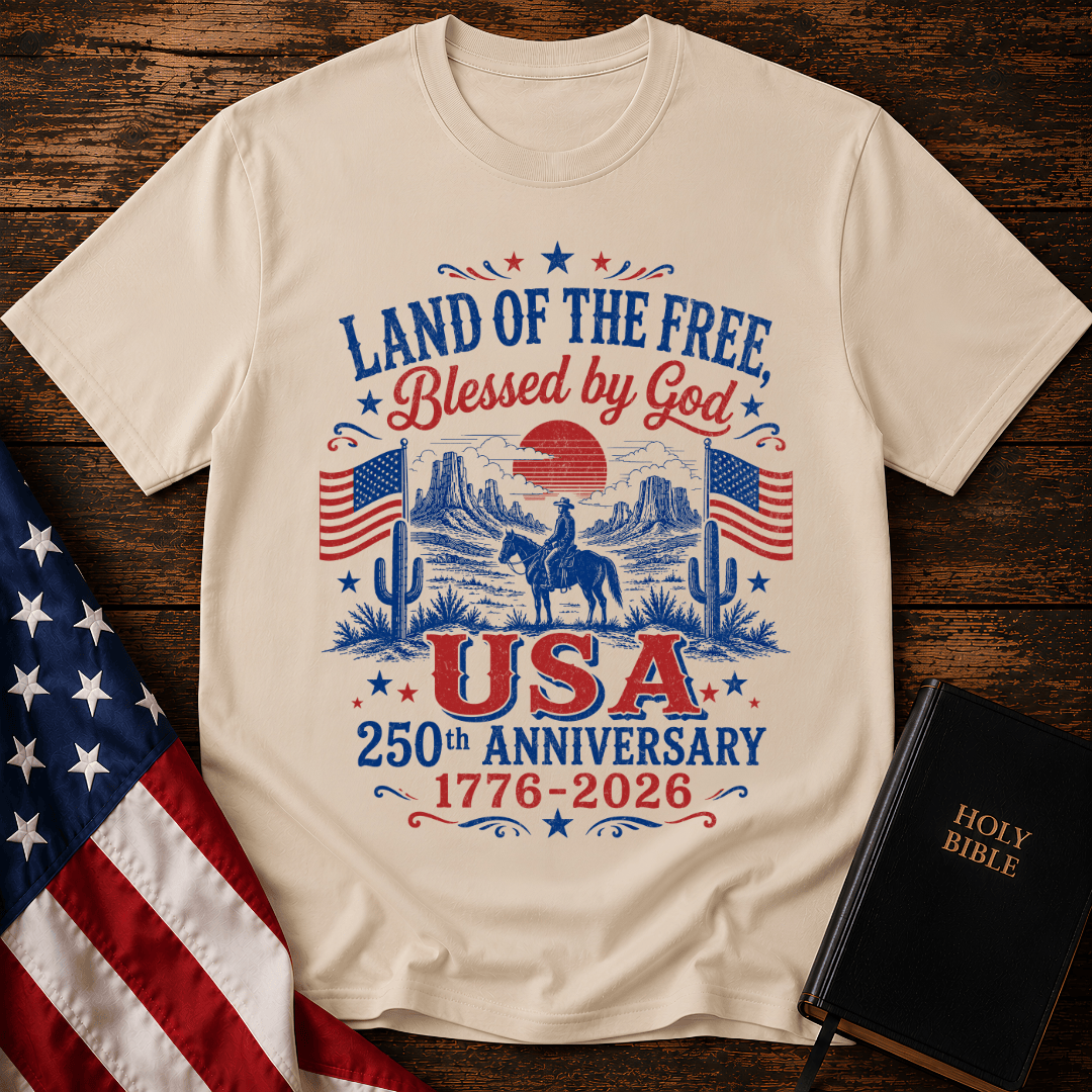 Vintage USA 250th anniversary Christian t shirt featuring a cowboy on a horse in a desert landscape with American flags.