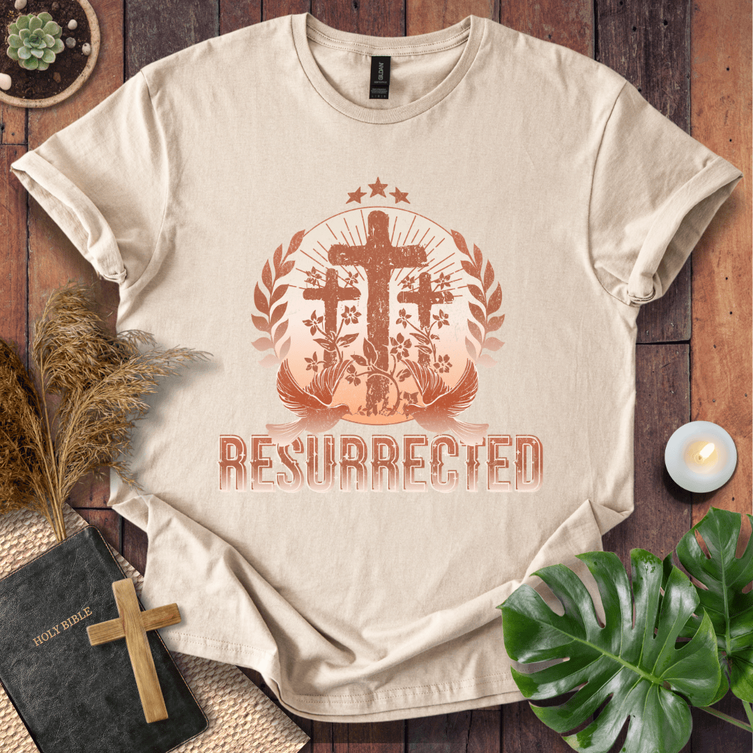 Easter t-shirt with three crosses and Resurrected text, Christian t shirts for women in vintage rust colors.