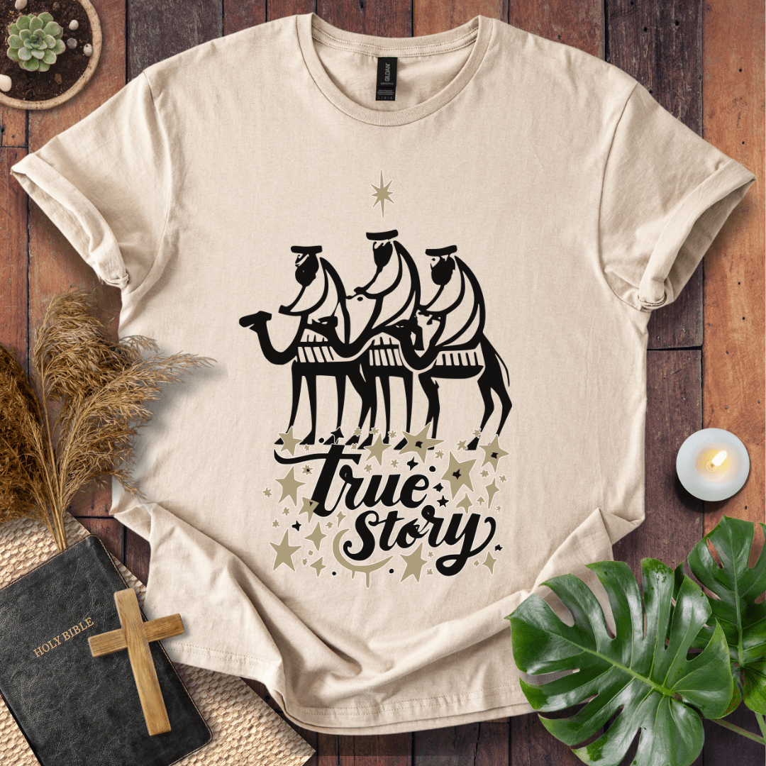 Religious Christmas tee featuring nativity scene and faith message